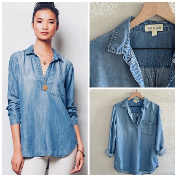 Anthropologie Tops - Cloth & Stone Boho Anthropologie Denim Chambray Popover Blouse XS